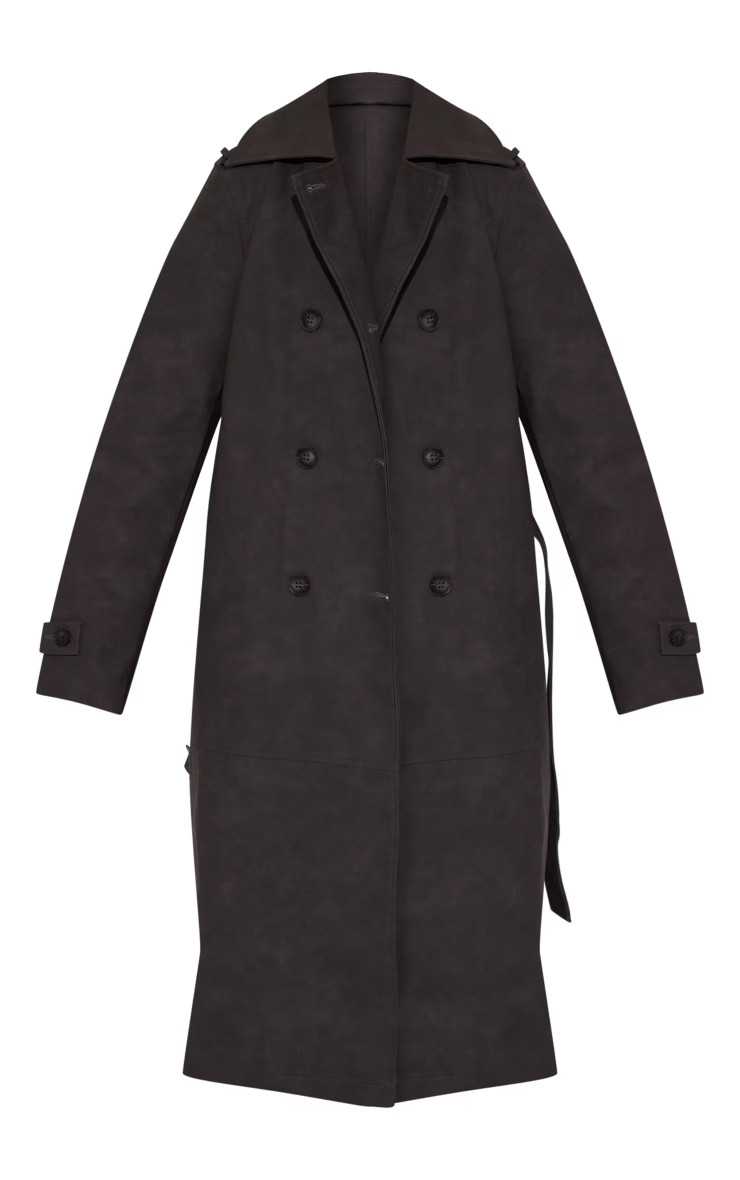 Grey Distressed Faux Leather Double Breasted Belted Trench Coat | PrettyLittleThing UK
