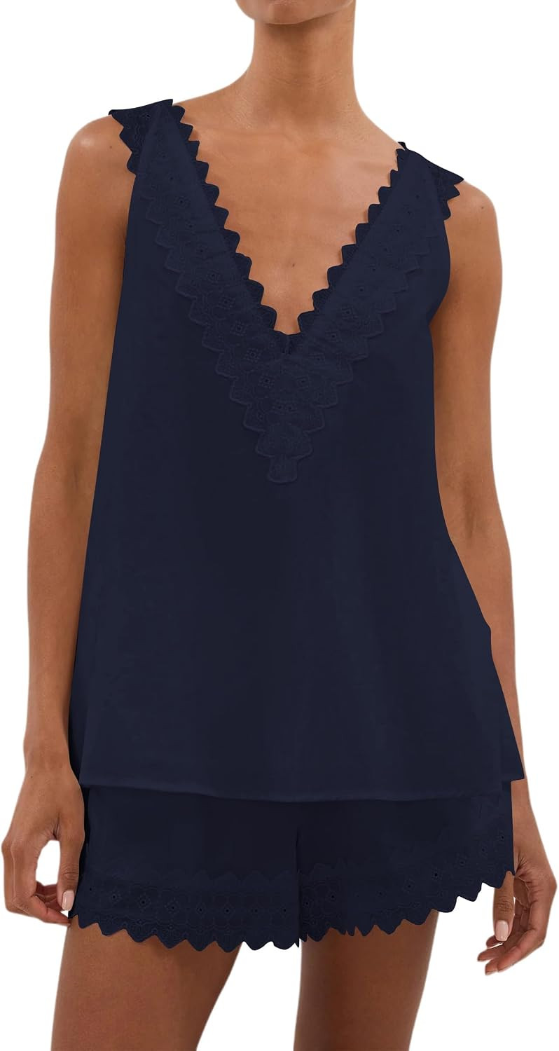 Burtell Women Summer 2 Piece Lounge Sets Casual V Neck Sleeveless Lace Tank Tops Mini Shorts Beach Vacation Boho Matching Set | Amazon (US)