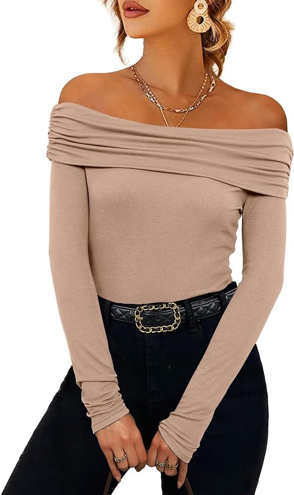 Women's Sexy Off Shoulder Tops Y2K T-Shirt Slim Fit Long Sleeves Spring Fall Blouse Going Out Nig... | Amazon (US)