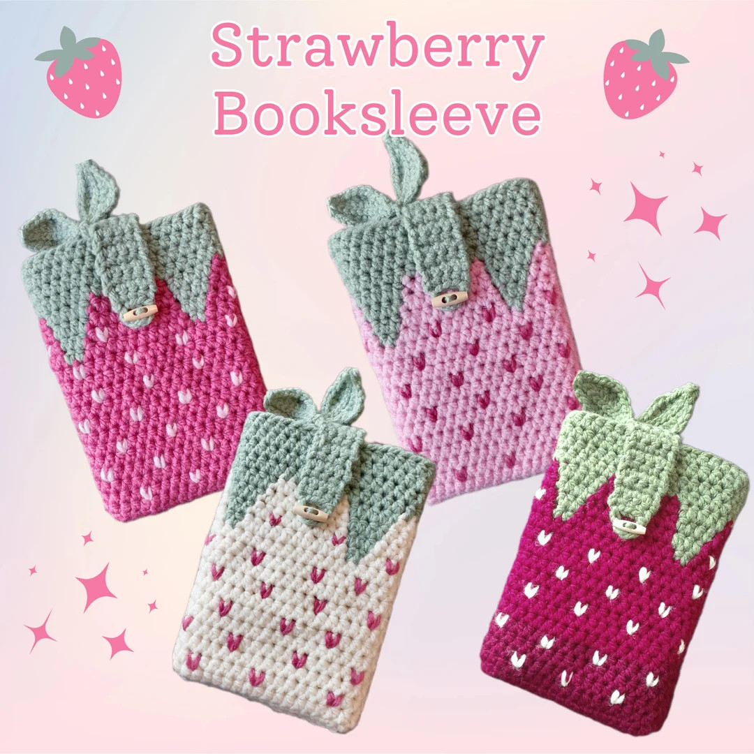 Strawberry Book Sleeve | Crochet Book Sleeve | eReader Sleeve | Pink Strawberry | Etsy (US)
