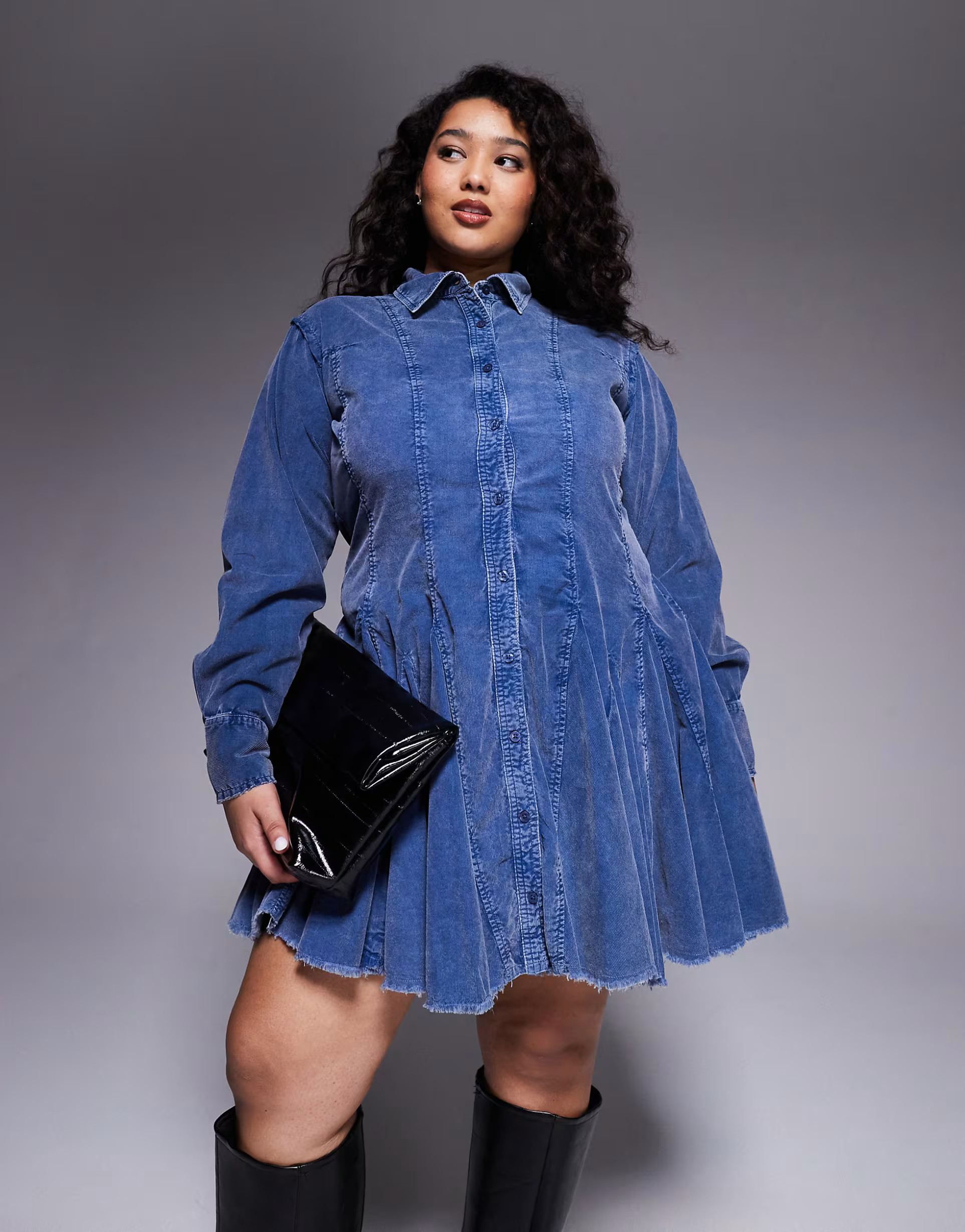 ASOS DESIGN Curve cord shirt dress with nipped-in waist and godets in washed denim blue | ASOS (Global)