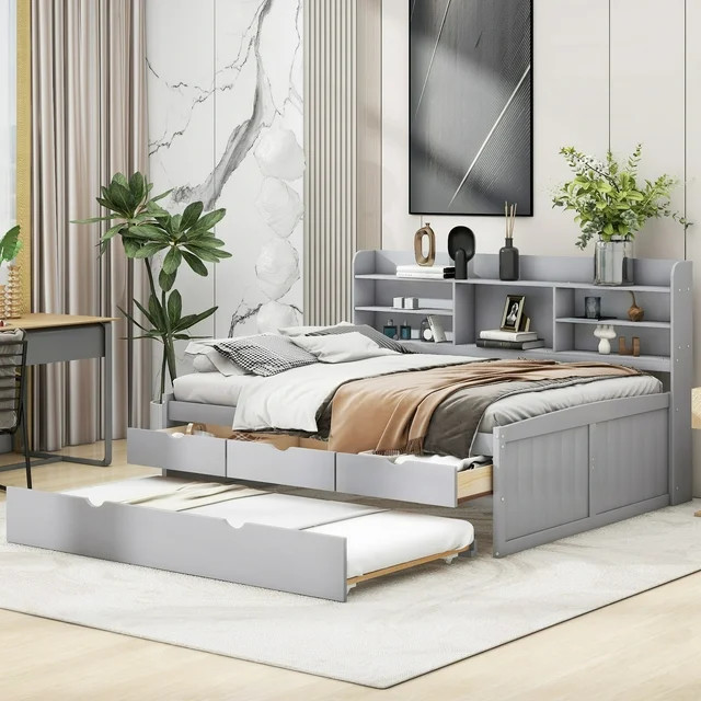 Euroco Wood Full Size Daybed with Shelf, Trundle and Drawers, Wood Captin Platform Bed with Staor... | Walmart (US)