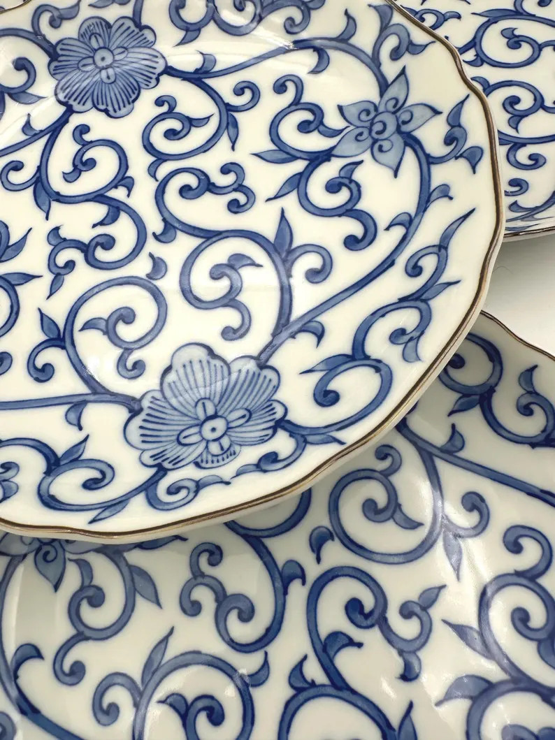 Vintage Blue White Woodland Violets Porcelain Plates Set of 4 \u2013 Floral Scalloped Dessert Pla... | Etsy (Global)