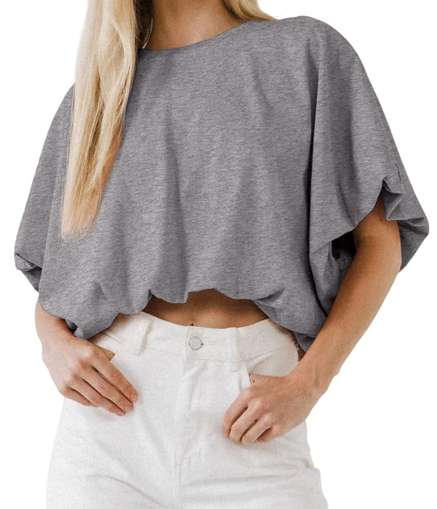 Womens Summer Crewneck Crop Tops Short Sleeve Casual Loose Cropped T Shirts | Amazon (US)