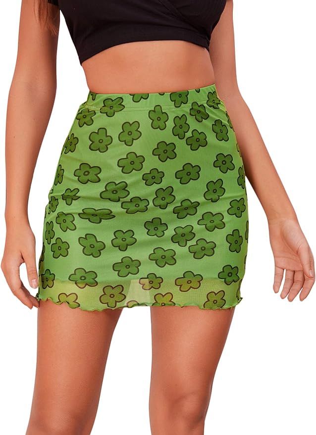 Verdusa Women's Floral Mesh Overlay Elastic Waist Bodycon Mini Skirt | Amazon (US)