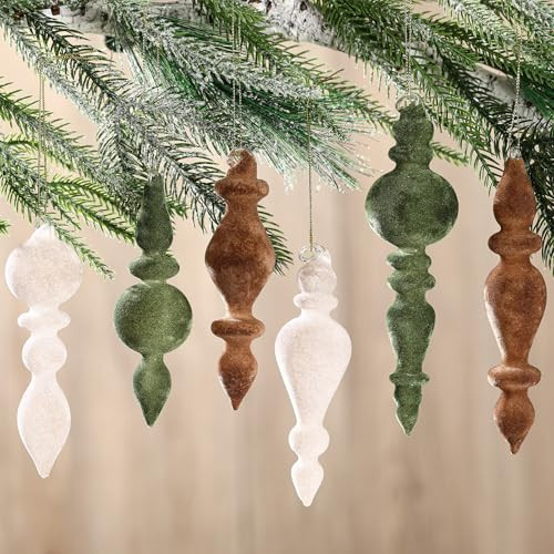 Blueweenly 6 Pcs 7.1 Inch Velvet Finial Christmas Tree Ornament Hanging Glass Finial Christmas Ornaments Assorted Velvet Finial Glass Decor for Christmas Tree Vintage Decoration (Brown, Green, Cream) | Amazon (US)