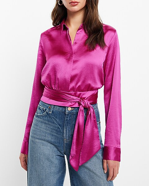 Satin Tie Front Banded Bottom Portofino Shirt | Express