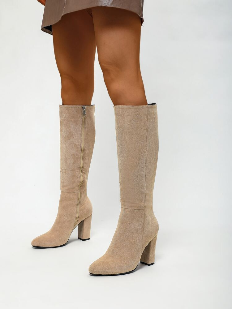 Faux Suede Zip Side Chunky Heeled Classic Boots | SHEIN