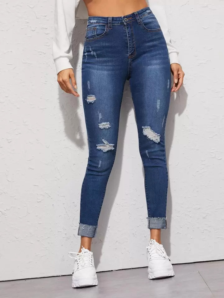 SHEIN Essnce High Waisted Ripped Cuffed Hem Skinny Jeans | SHEIN