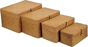 4 Pack, Wicker Baskets with Lids, Nautral Seagrass Storage Baskets, Woven Rectangular Basket Bins... | Amazon (US)