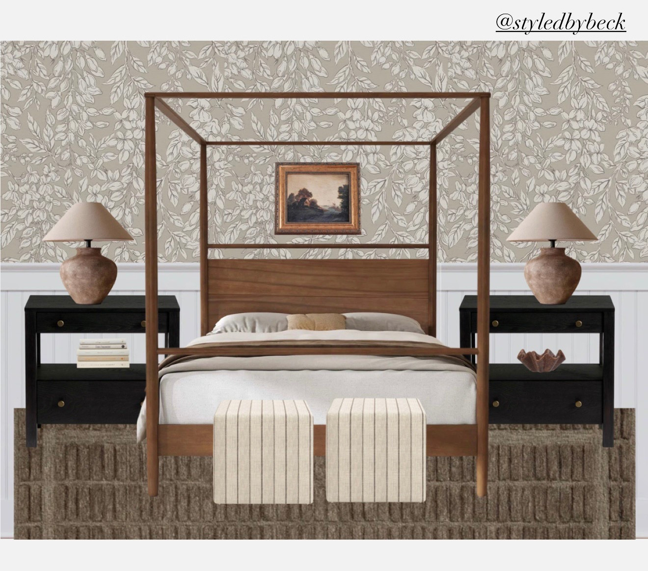 4-poster canopy bed, canopy bed, wood canopy bed, Wayfair finds, striped ottoman, black nightstands, terracotta table lamp, table lamps, scalloped dish, pottery barn, bed linens, wool rug, Chris loves Julia, Loloi rugs, floral wallpaper, primary bedroom inspo, neutral bedroomm

#LTKHome