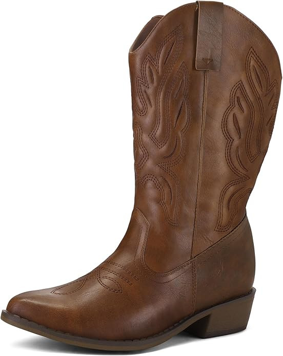 mysoft Women's Wide Calf Cowboy Boots Pull-On Mid-Calf Embroidered Pointed Toe Retro Western Boot... | Amazon (US)