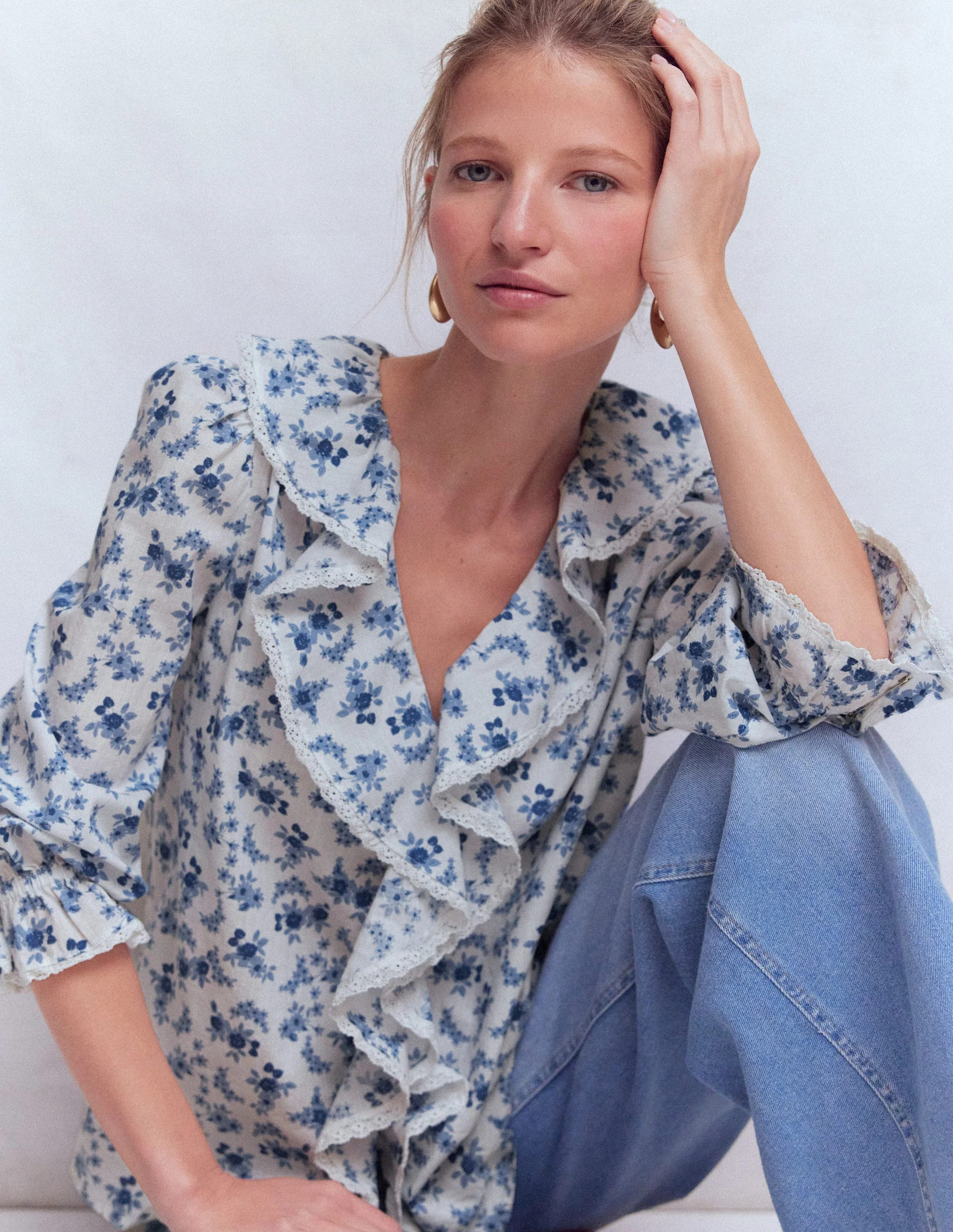 Eliza Ruffle V-Neck Blouse-Blue Floral | Boden UK