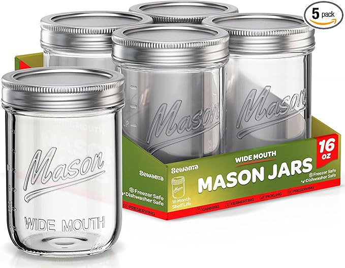 SEWANTA Wide Mouth Mason Jars 16 oz [5 Pack] With Mason Jar Lids and Bands, Mason Jars 16 oz - Fo... | Amazon (US)