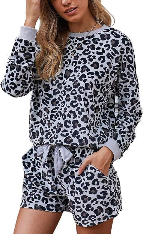 Women's Pajama Set Leopard Tie Dye Print Long Sleeve Top and Shorts Pjs Sleepwear Loungewear with... | Amazon (US)
