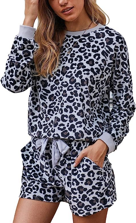 Women's Pajama Set Leopard Tie Dye Print Long Sleeve Top and Shorts Pjs Sleepwear Loungewear with... | Amazon (US)