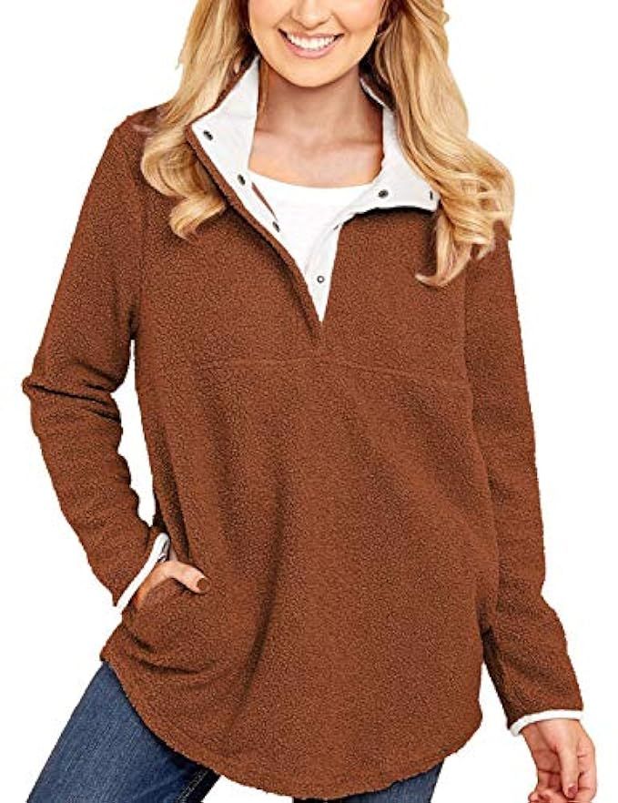 GRAPENT Women's Casual Long Sleeves Stand Collar Buttons Pockets Fleece Pullover | Amazon (US)