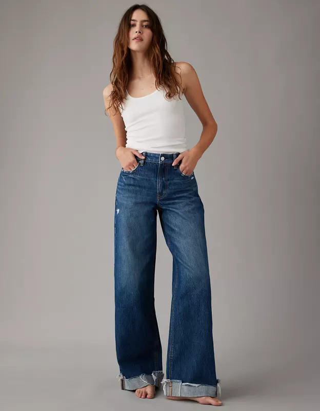 AE Super High-Waisted Baggy Wide-Leg Cuffed Jean | American Eagle Outfitters (US & CA)