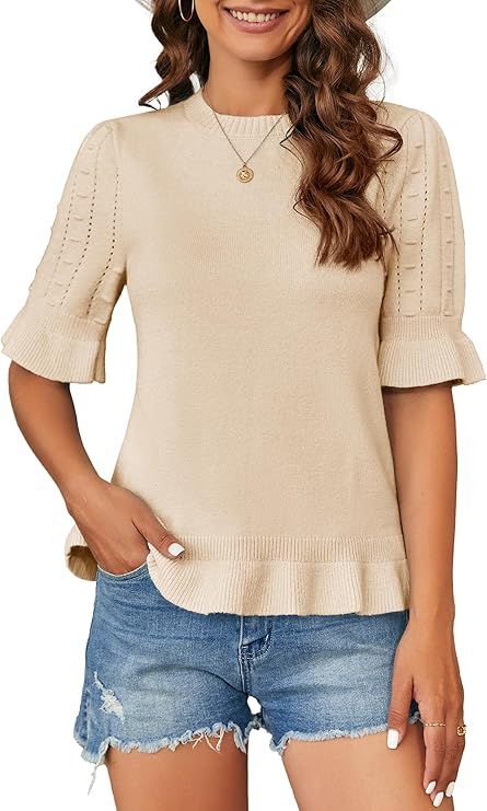 Popheartgo Womens Ruffle Dot Short Sleeve Pullover Sweaters Spring Crew Neck Shirt To... | Amazon (US)