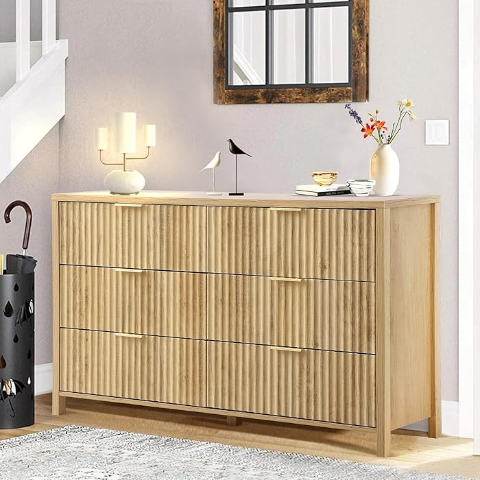 6 Drawer Dresser for Bedroom - 53" Fluted Wooden Dresser Modern Chest of Drawer with Metal Handle... | Amazon (US)