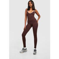 Womens Seamless Contrast Unitard - Brown - L, Brown | Boohoo.com (UK & IE)