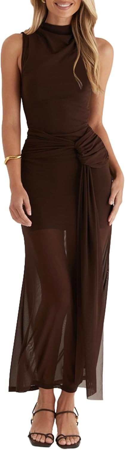 OWIN Women’s Bodycon Long Maxi Dress Elegant Sleeveless Mock Neck Ruched Mesh Sheer Hem Cocktail Wedding Guest Dress | Amazon (US)