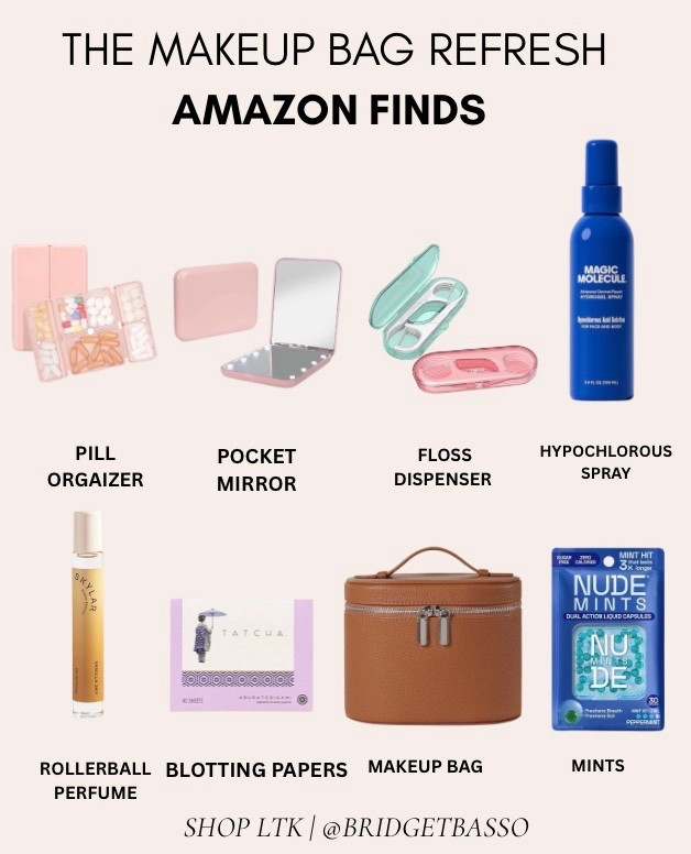 An Amazon makeup bag refresh for everything I want on hand ✨ On-the-go essentials including a makeup bag, pocket mirror, rollerball perfume, blotting papers, hypochlorous spray, pill organizer, floss dispenser and mints.