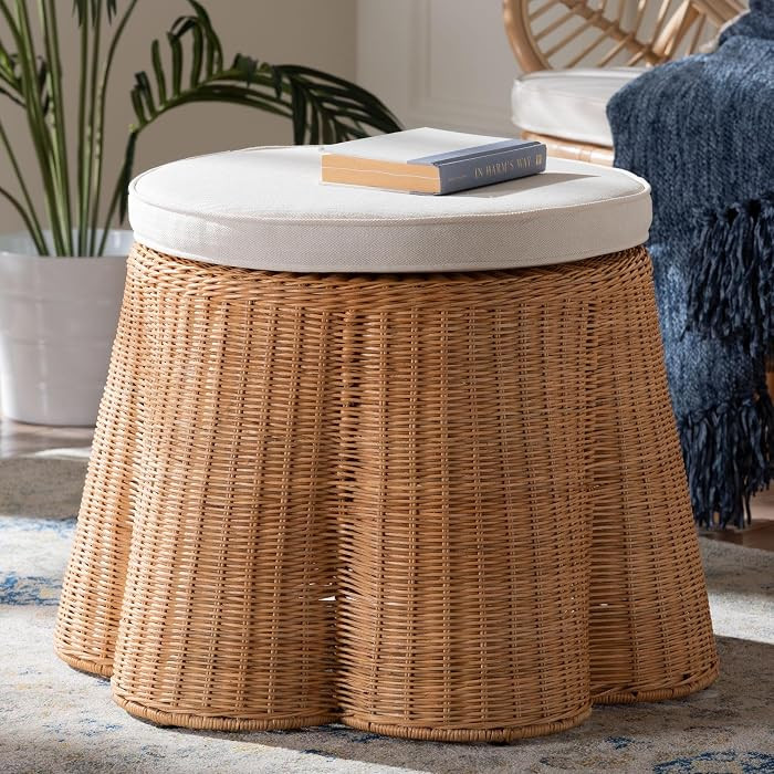 Bali & pari Palm Scallop Natural Rattan Ottoman with Cushion \u2013 Handwoven Wicker Accent Stool... | Amazon (US)