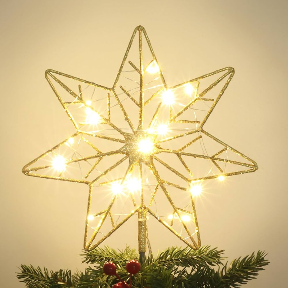 YEAHOME Christmas Tree Topper, Gold Glittered Hollow 7-Point Star Tree Topper, Lighted Wire Star ... | Amazon (US)