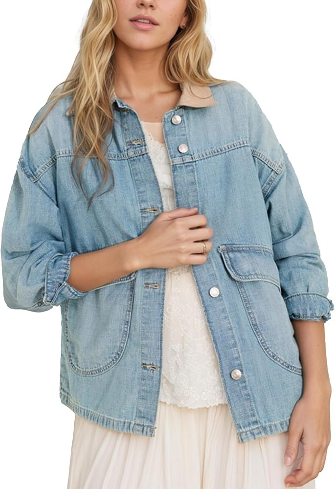 Womens Oversized Denim Barn Jacket with Contrast Trim Long Sleeve Button Down Jean Coat with Pock... | Amazon (US)