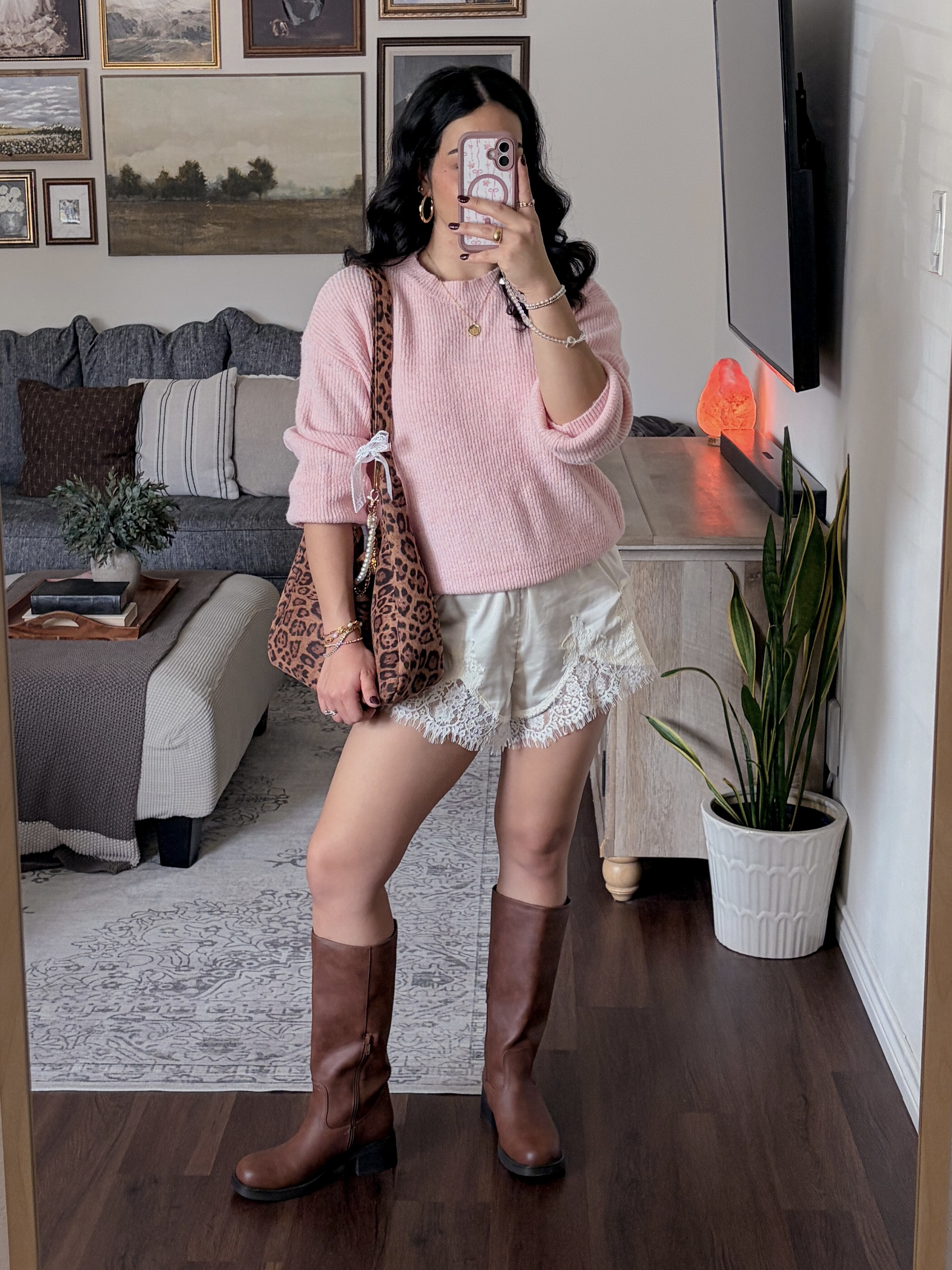OOTD 🎀 fall outfit, fall outfit ideas, fall fashion, fall style, cute fall outfits, casual fall outfit, cozy fall outfit, feminine fall outfit, pink sweater outfit, pink sweater, lace shorts outfit, white shorts outfit, brown knee high boots, knee high boots outfit, brown boots outfit, leopard print bag, leopard print purse, leopard print outfit, neutral fall outfit, feminine casual style, everyday fall outfit, cute casual outfit, sweater and shorts outfit, transitional weather outfit, fall wardrobe, fall outfit inspiration, autumn outfit ideas, weekend outfit, date night outfit, chic casual outfit, preppy fall outfit, classic fall style, fall fashion inspiration, brown boots, layered fall outfit, cozy chic outfit  

 #LTKdayinmylife #LTKgrwm #LTKootd