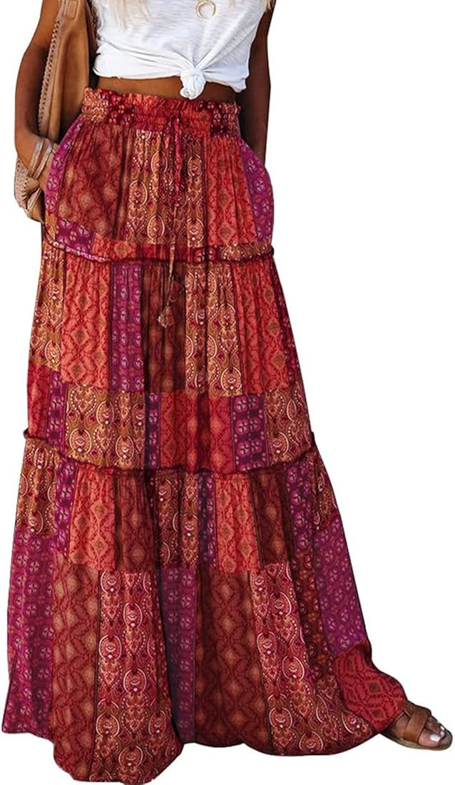 EARKOHA Womens Casual High Waist Tiered Paisley Print Long Maxi Skirt with Pockets | Amazon (US)