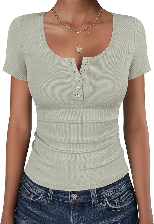 ANRABESS Womens Short Sleeve Henley Shirts Ribbed Slim Fitted Tee Summer Work Tops 2026 Button Bl... | Amazon (US)