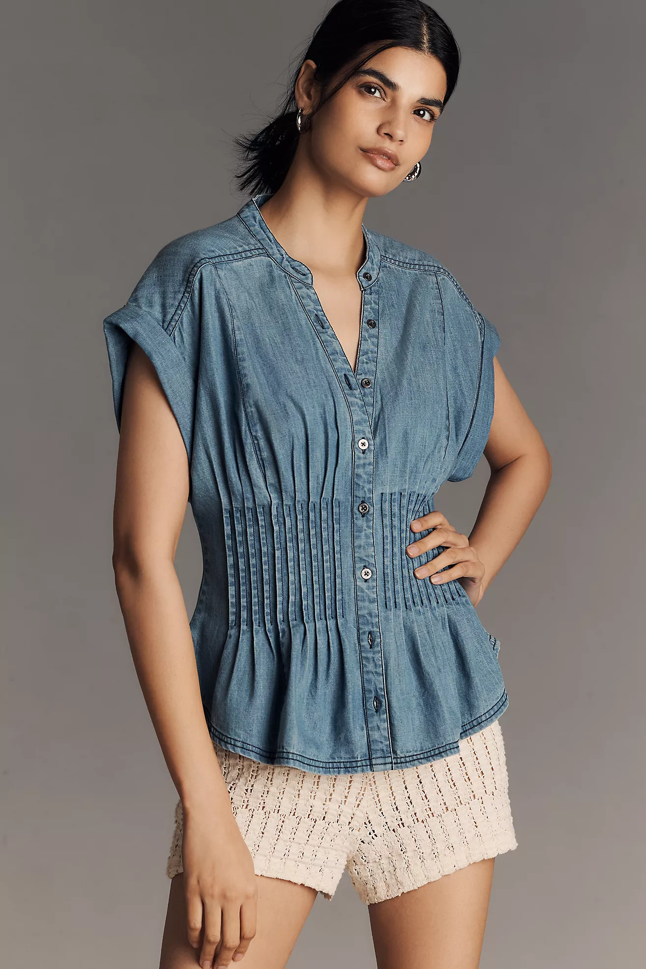 Pilcro Short-Sleeve Pleated Corset Blouse | Anthropologie (US)