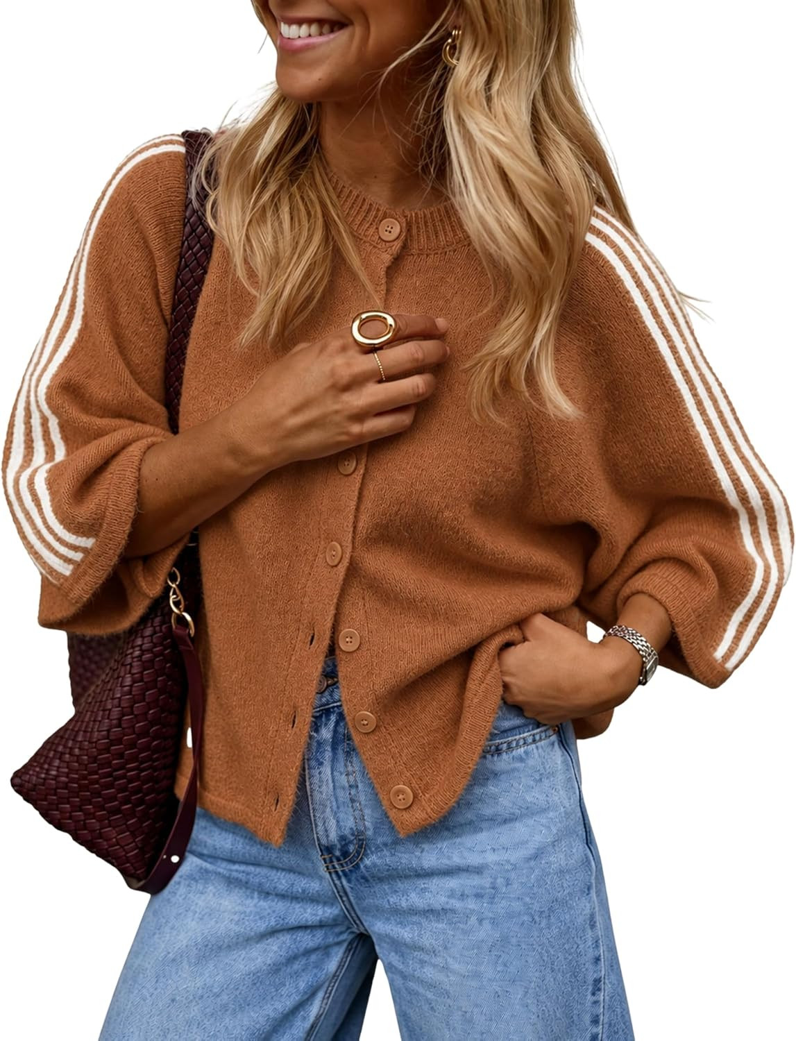 Daacee Women Oversized Striped Cardigan Short Sleeve Button Front Sweater | Amazon (US)