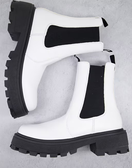 ASOS DESIGN super chunky square toe chelsea boot in white faux leather with contrast sole | ASOS (Global)