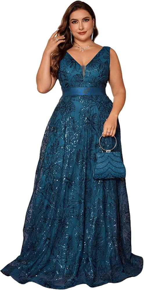 Plus Size Formal Dresses for Women with Embroidery Sequin and V-Neck, A-Line Maxi Dress for Weddi... | Amazon (US)