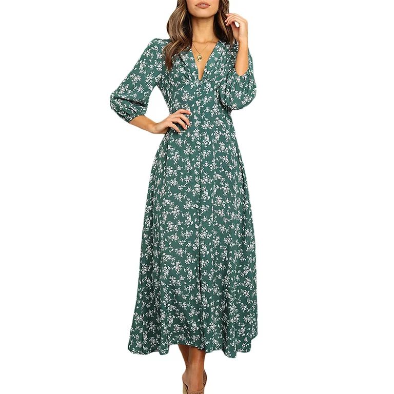Women Long Sleeve Bohemian Maxi Dresses Loose Casual High Waist Floral Long Dress Beach Party Dre... | Walmart (US)