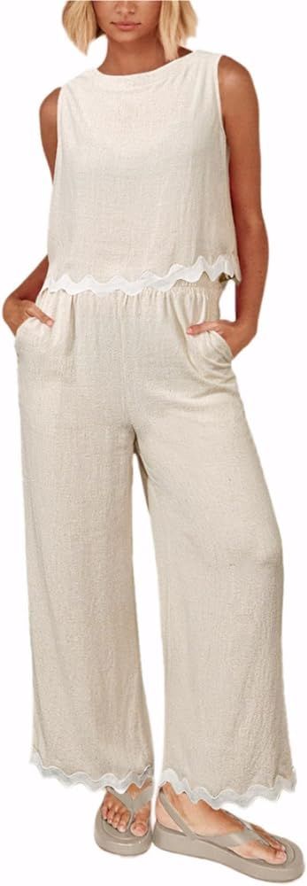Glamaker Women's Summer 2 Piece Outfits Sleeveless Linen Tank Top Wide Leg Pants Jumpsuits Vacati... | Amazon (US)