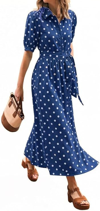 CHARTOU Women’s Polka Dot Midi Dress Puff Short Sleeve Button Down Shirt Dress with Belt for Ca... | Amazon (US)