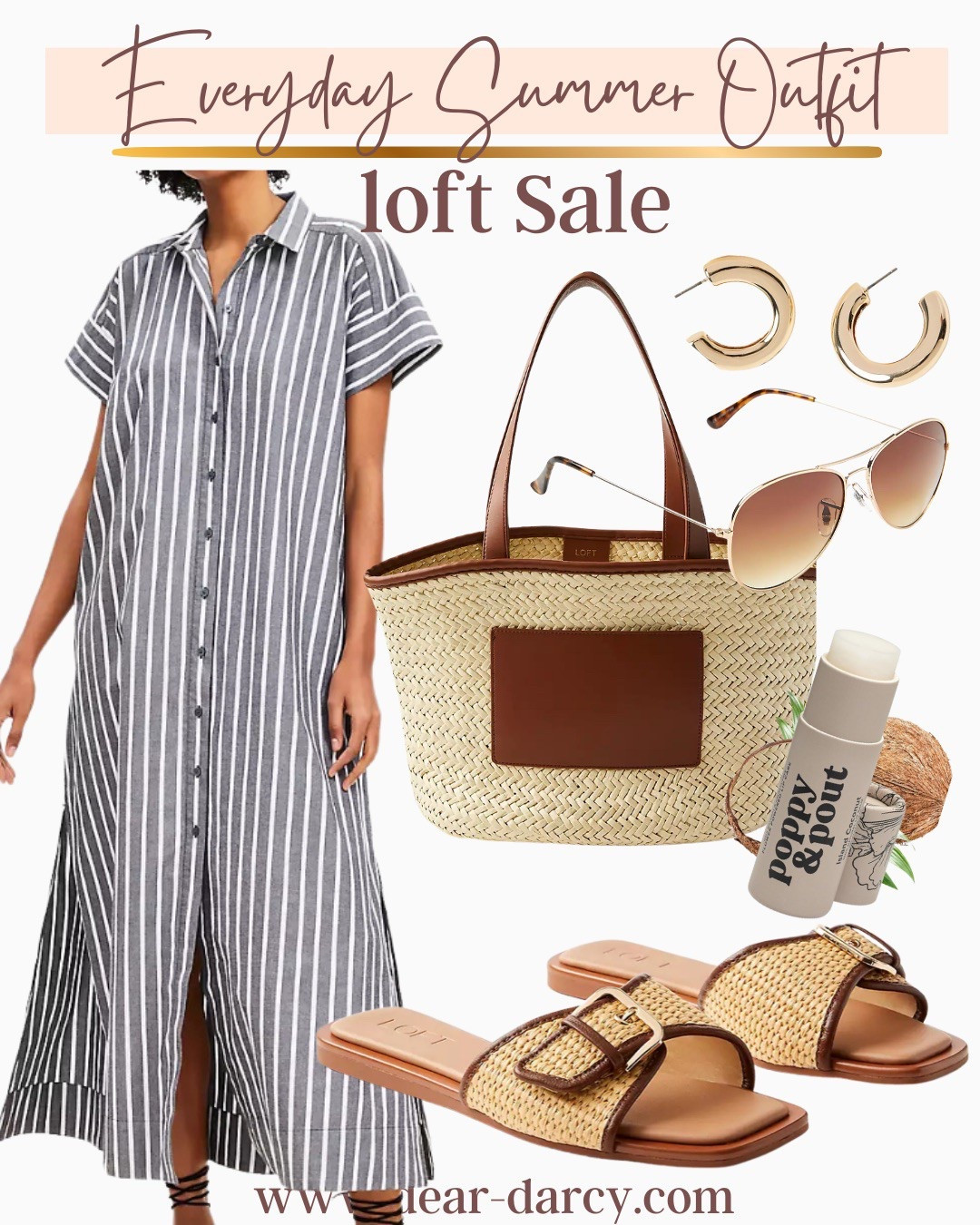 Loft everything on major Sale 🚨
Summer everyday outfit idea 

The cutest maxi shirt dress
Stripe and so comfy, wear as a dress or a duster with shirts and a cute bathing suit cover up!

Straw and leather beach bag, travel bag or tote 

Loft sunglasses Ray ban style 

Gold hoop earrings 

Black trim raffia slide sandal  




#LTKTravel #LTKSaleAlert #LTKFindsUnder50