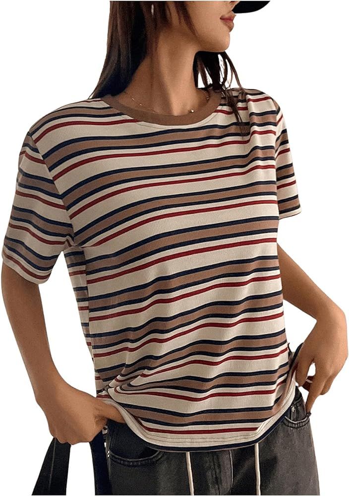 SweatyRocks Women's Striped Pattern Crew Neck Short Sleeve Tee Tops Casual Color Block T Shirt | Amazon (US)