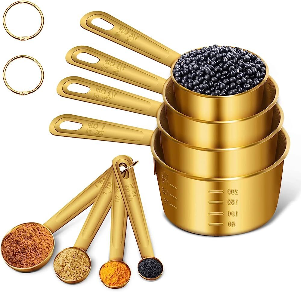 Gold Measuring Cups and Spoons Set of 8 Pieces, Nesting Metal Stainless Steel Measuring Cups and ... | Amazon (US)