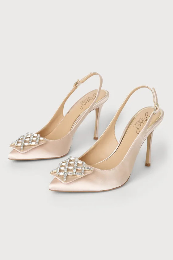 Lisbet Champagne Satin Rhinestone Ankle Strap Pumps | Lulus (US)