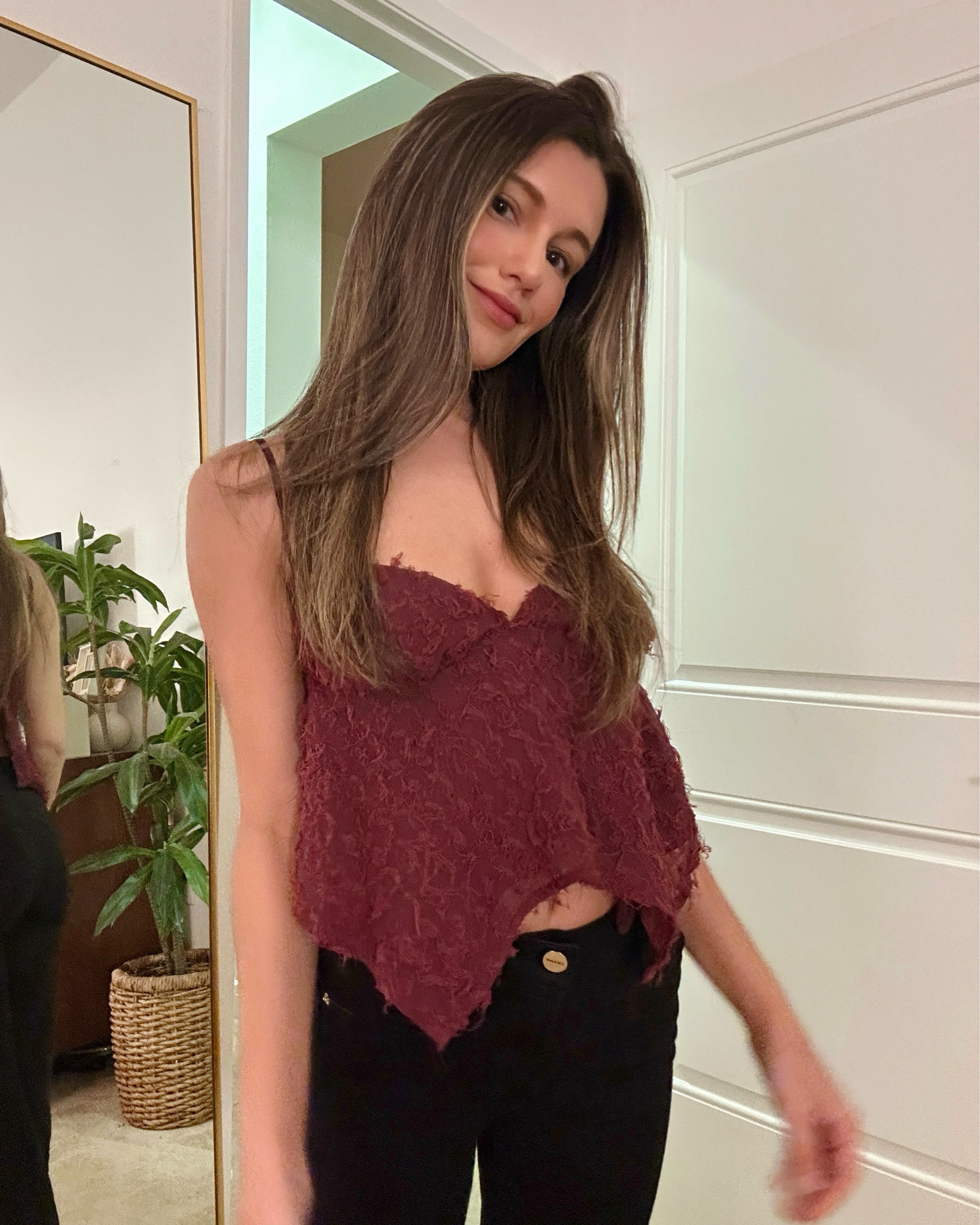 Burgundy top, red top, backless, winter outfit, fall outfit, black jeans, black flair jeans, petite jeans, red lipstick, going out outfit, weekend outfit, maroon top. 

#LTKFindsUnder50 #LTKStyleTip #LTKHoliday