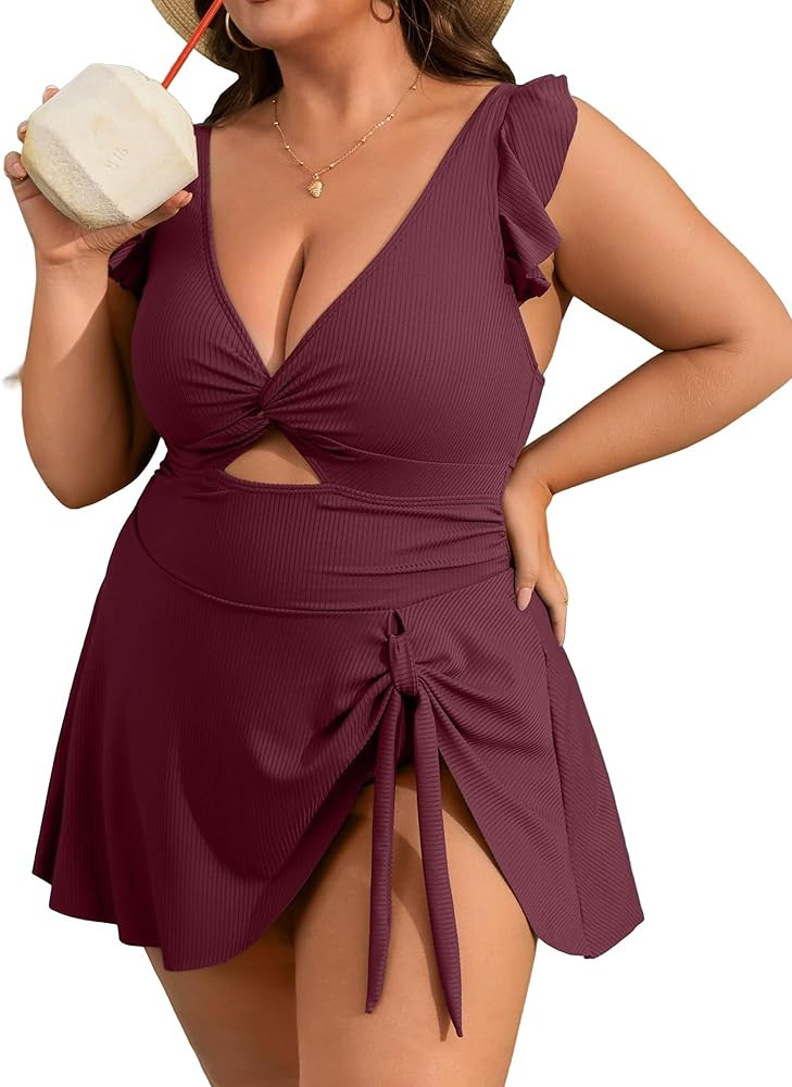 Charmo Ruffle Ribbed Plus Size Swimdress for Women One Piece Swimsuit High Waisted Tummy Control ... | Amazon (US)
