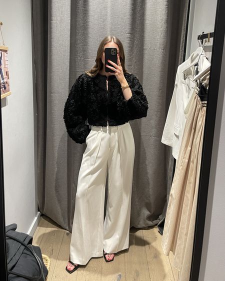 Last minute outfit shopping for The Races
Trying…
 A size 8 in the black textured jacket
A size 10 reg in the cream wide leg trousers (they didn’t have my size, an 8, so was just trying these to see) 
Black leather heeled sandals

Wedding outfit, summer occasion-wear

#LTKSeasonal
