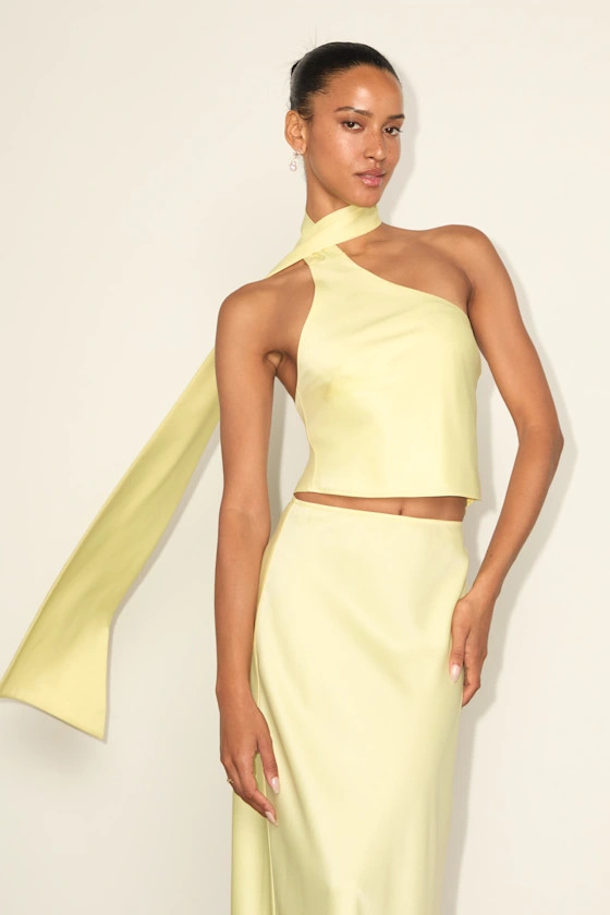 Marabella Light Yellow Satin One-Shoulder Sash Top | Lulus