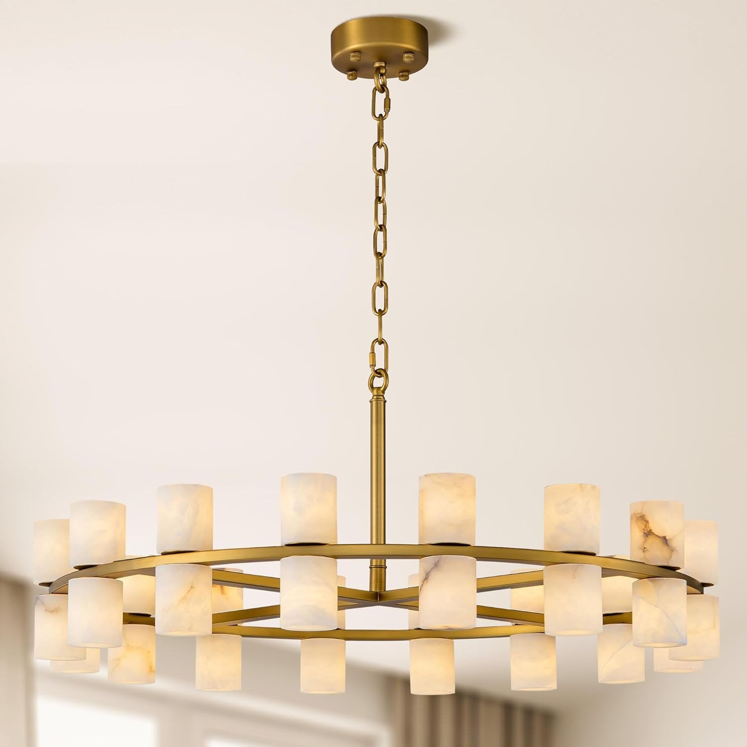 Alabaster Round Chandelier, Natural Spanish Stone Texture Chandeliers, D31in Round Chandeliers for Dining Room Chandelier Light Fixture for Kitchen Living Room Foyer Entryway Hallway (Brass) | Amazon (US)