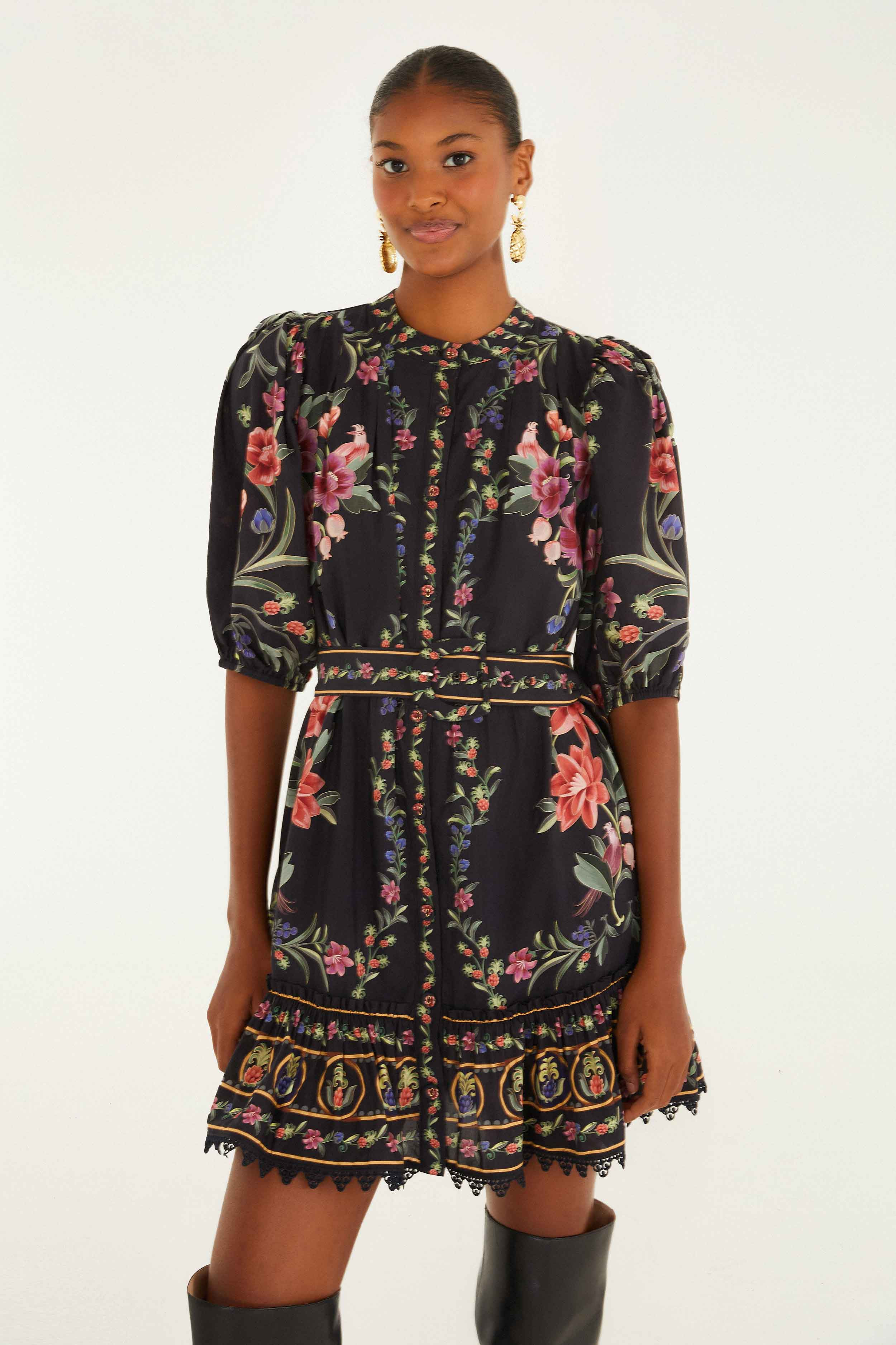 Black Belle Garden Lace Belted Mini Dress | FARM Rio | FarmRio (US)